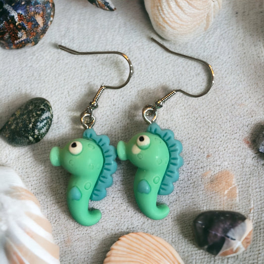 Aqua Seahorse Dangling Earrings